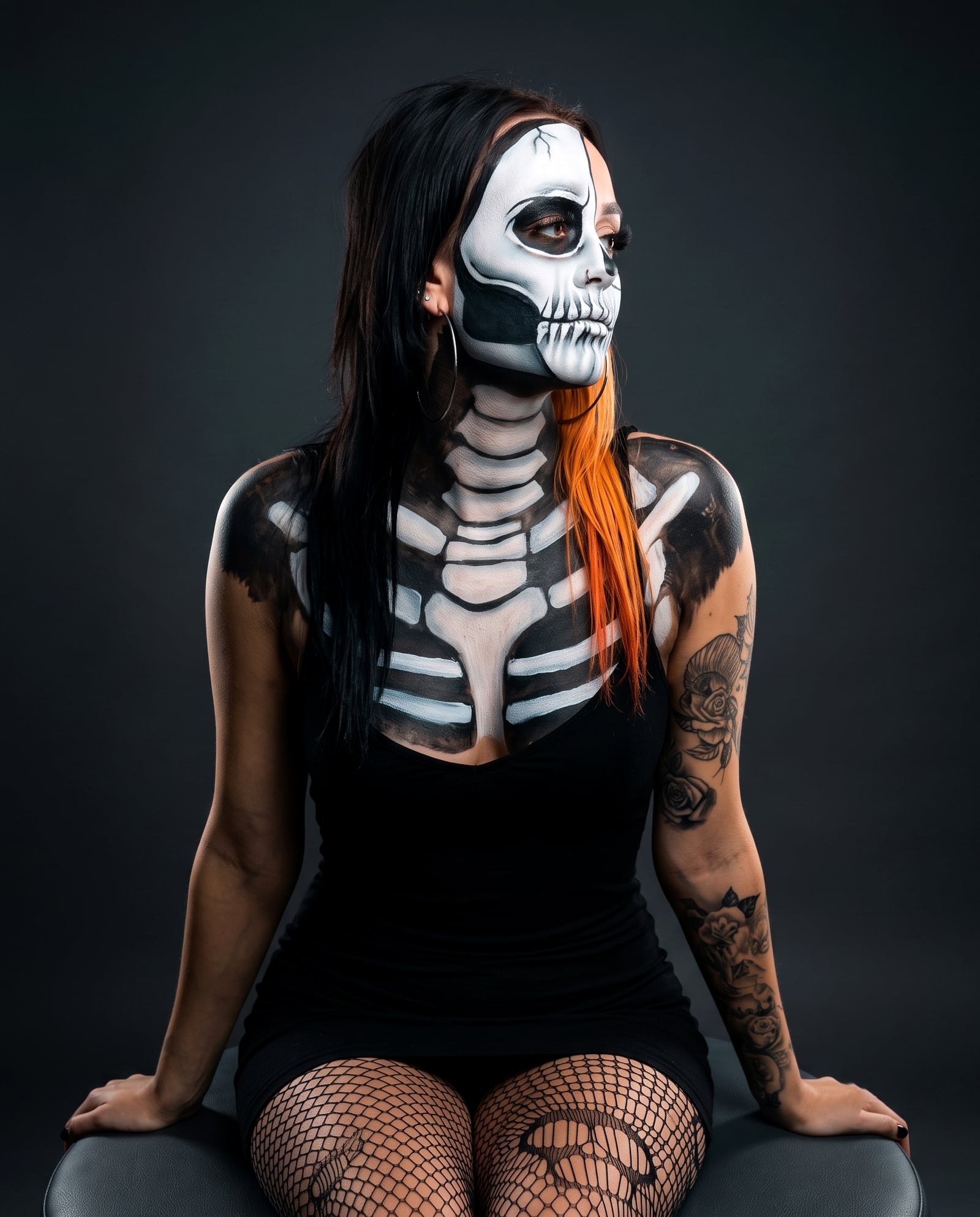 A woman in full skeleton body paint and skull face paint, photographed against a dark studio backdrop