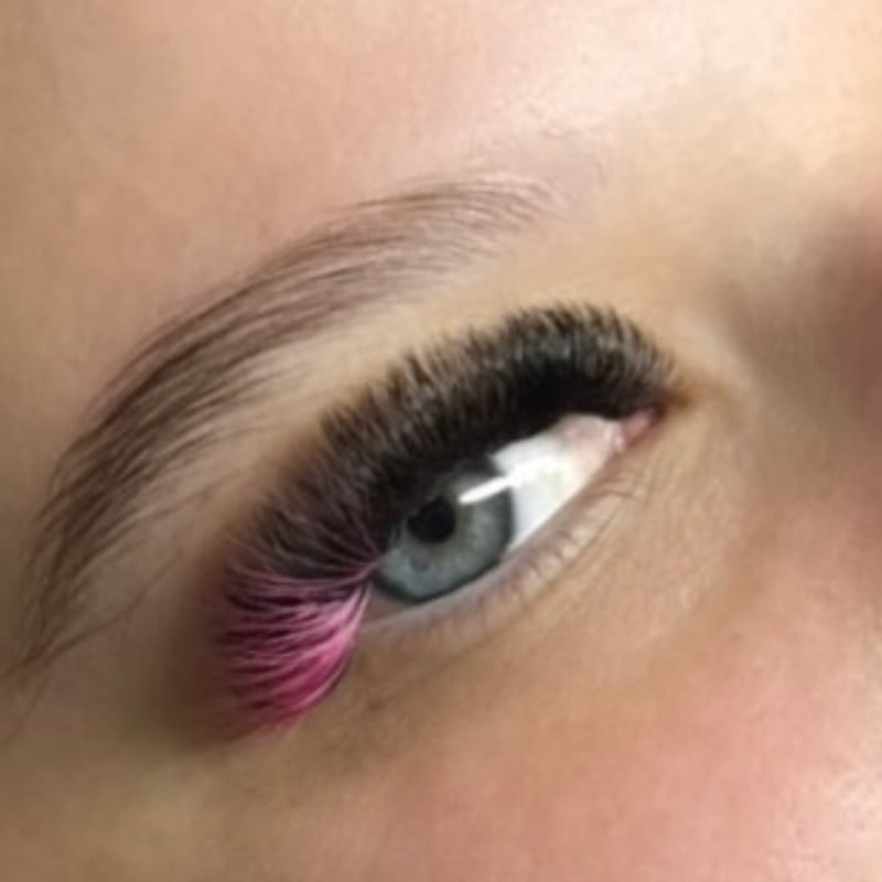 Macro close-up of a volume lash set with pink coloured tips